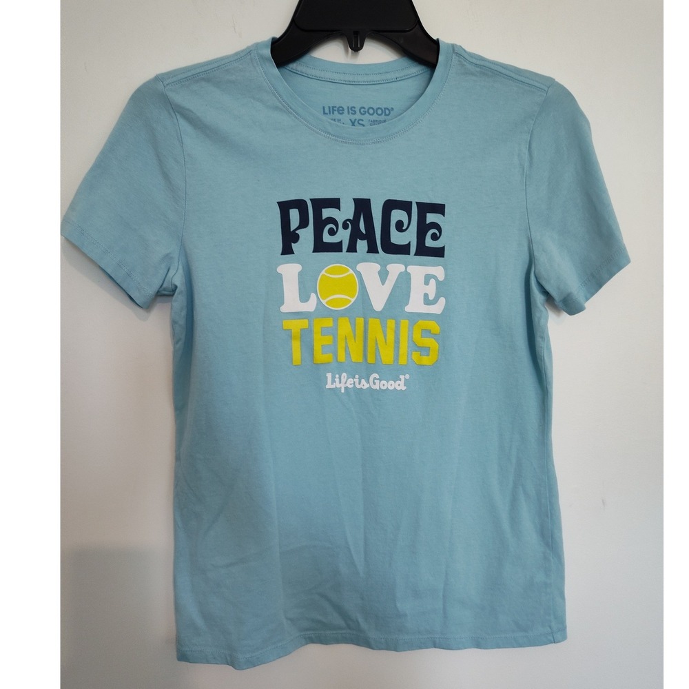 Life is Good Womens Peace Love Tennis Graphic T-Shirt Blue XS Cotton Crusher Tee